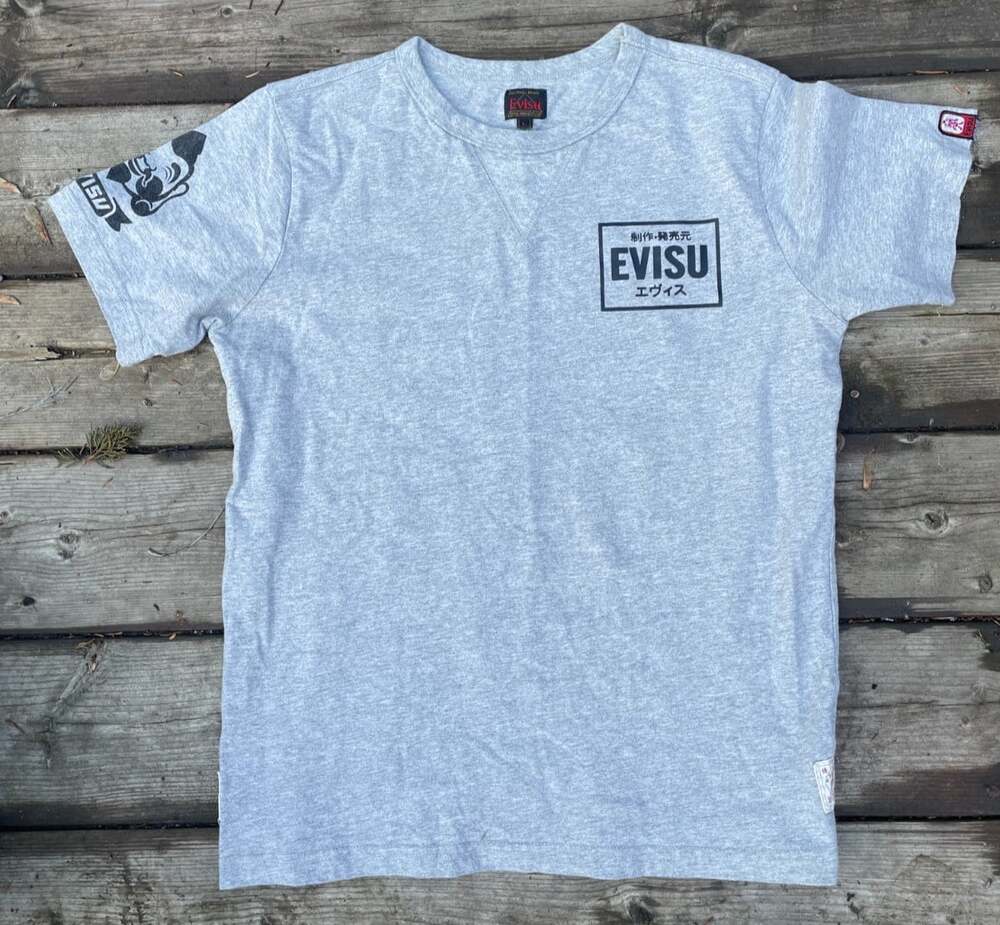 Evisu Heritage Mens T Shirt Large Grey Seagull Logo Short Sleeve 100% Cotton